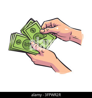 Illustration vectorielle colorée dessinée à la main de mains humaines comptant et organisant des billets de banque verts. Parfait pour la gestion de patrimoine, les transactions bancaires Illustration de Vecteur