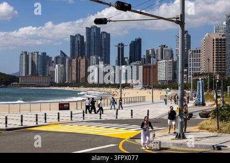 Corée du Sud, Busan – 22 sep. 2026 : Plage de sable de Haeundae et gratte-ciel côtiers à Busan, Corée du Sud Banque D'Images