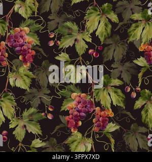 Motif sans couture d'eau-forte de raisins. Ornement avec vignes, grappes et feuilles de raisin dessinées à la main Banque D'Images