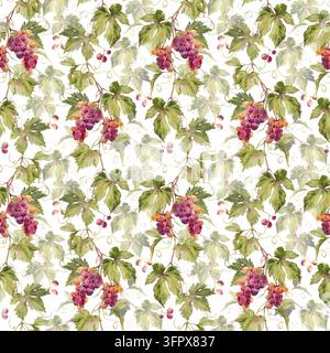 Motif sans couture d'eau-forte de raisins. Ornement avec vignes, grappes et feuilles de raisin dessinées à la main Banque D'Images