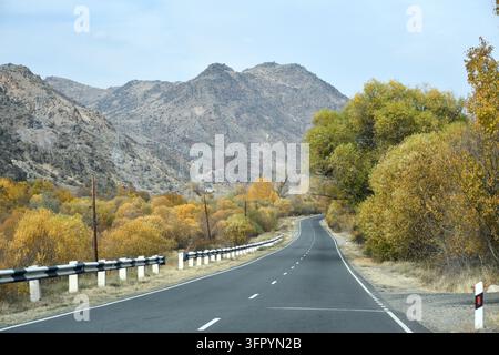 Une route goudronnée à deux voies vide avec des garde-corps métalliques et des poteaux électriques serpente à travers des arbres d'automne sous des montagnes rocheuses en Arménie, Caucase du Sud Banque D'Images