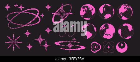 Étoiles Y2K et globe avec une esthétique bitmap vintage. Graphique de planète rétro et formes ovales avec motif demi-ton pixelisé et ambiance underground des années 2000 pour des designs modernes. Icônes isolées vectorielles roses. Illustration de Vecteur