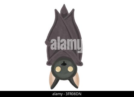 Chouette chauve-souris de dessin animé suspendue à l'envers avec les ailes pliées, isolée sur fond blanc Banque D'Images