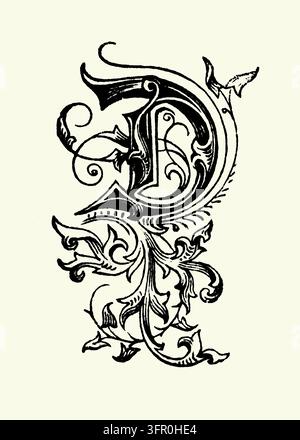 Lettre initiale ornée D décorée de volutes florales et de typographie calligraphique – Élément de conception élégant sur fond uni – Gravure sur bois du XIXe siècle. Banque D'Images