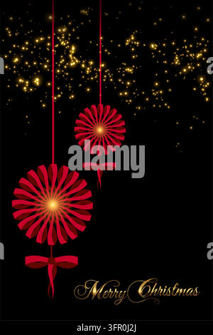 Icône de boules de Noël isolée sur fond noir. Carte verticale avec décoration de fêtes. Bordure de baies rouges avec espace de copie, particules de neige dorées Illustration de Vecteur