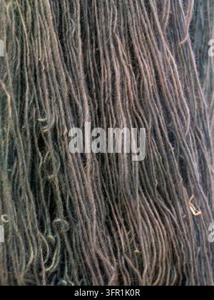 Fond abstrait détaillé en gros plan de fibres de laine naturelle texturées bleu foncé ou gris suspendues verticalement. Banque D'Images