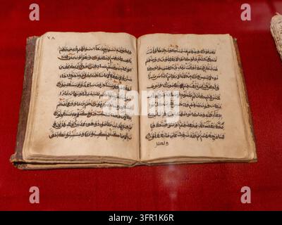 Manuscrit antique rare du Coran présentant une calligraphie arabe écrite à la main sur des pages de parchemin vieilli ouvertes, reposant sur un tissu rouge riche. Banque D'Images