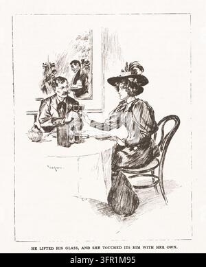 Couple portant un toast avec des verres à vin dans un restaurant, illustration du XIXe siècle. Banque D'Images