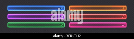 Barre de recherche en verre néon, bouton loupe coloré lumineux, élément d'interface utilisateur de site web. Illustration de Vecteur