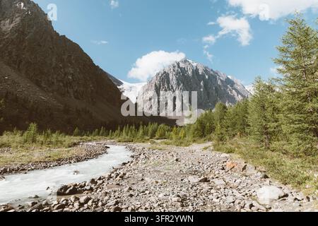Ruisseau de montagne aux eaux rapides et aux berges pierreuses traversant la pittoresque vallée d'Aktru face à des pics rocheux escarpés et une forêt de conifères sous un bleu clair Banque D'Images