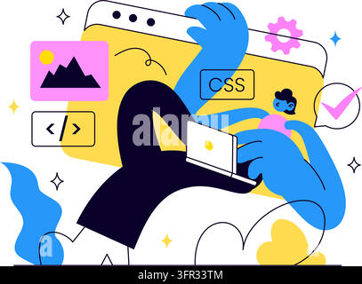 Illustration vectorielle de développement web mettant en avant la conception de sites web, le processus de codage, l'interface réactive, les outils de programmation et les solutions technologiques numériques Illustration de Vecteur