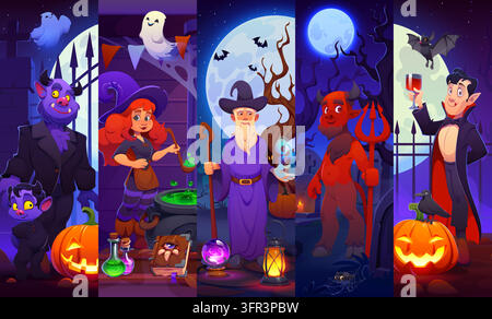 Collage de monstres et personnages d'Halloween amusants Illustration de Vecteur