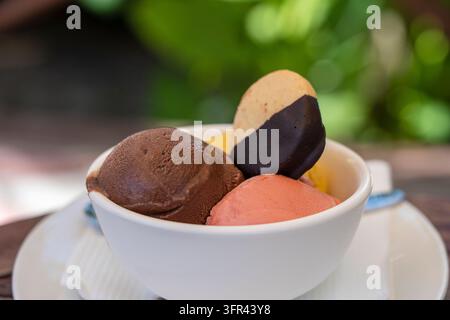 Boules de chocolat, glace à la fraise et au mangue avec des biscuits dans un bol blanc, gros plan Banque D'Images