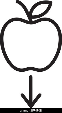 Une icône en contour noir d'une pomme avec une flèche vers le bas, représentant des concepts tels que la gravité, le téléchargement ou la chute. Illustration de Vecteur