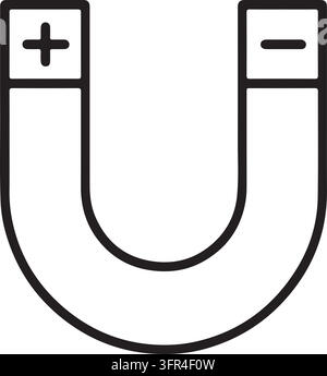 Une icône en noir et blanc de style ligne d'un aimant en forme de fer à cheval avec pôles positif et négatif, représentant le magnétisme. Illustration de Vecteur