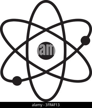 Une icône noir et blanc représentant la structure d'un atome avec un noyau central et des électrons en orbite autour de lui. Illustration de Vecteur