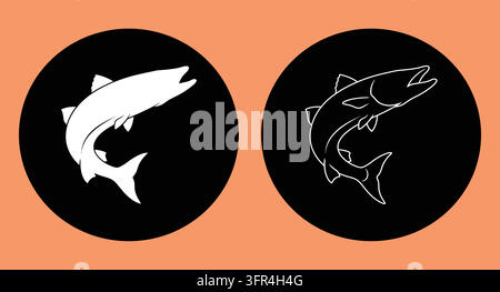Œuvre stylisé en duo de poissons dans un encadrement circulaire avec de la faune nageante Illustration de Vecteur