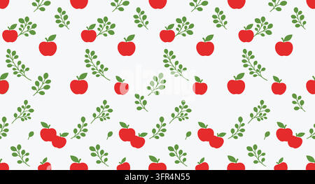 Fond sans couture avec fruits de pomme rouge répétés et feuilles vertes Illustration de Vecteur