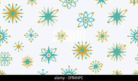 Motif sans couture fantaisiste d'étoiles atomiques rétro et de structures atomiques scientifiques Illustration de Vecteur