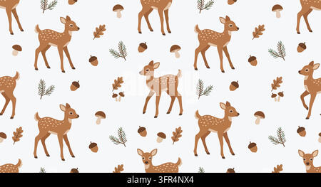Motif sans couture de bébés cerfs adorables avec champignons des bois et automne Illustration de Vecteur