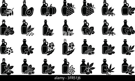 Collection de diverses huiles de cuisson biologiques dans des bouteilles en verre avec des ingrédients bruts Illustration de Vecteur