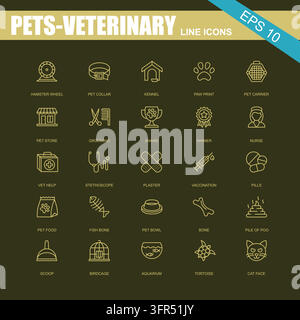 Collection d'icônes de contours de services vétérinaires et de soins aux animaux de compagnie avec santé animale Illustration de Vecteur