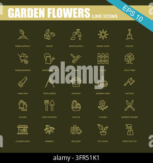 Collection d'icônes en ligne de fleurs de jardin et d'outils avec art Illustration de Vecteur