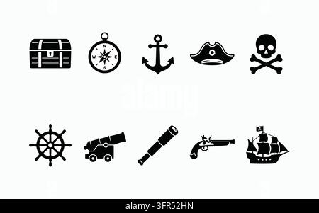 Ensemble d'icônes d'aventure sur le thème nautique et pirate avec trésor maritime Illustration de Vecteur
