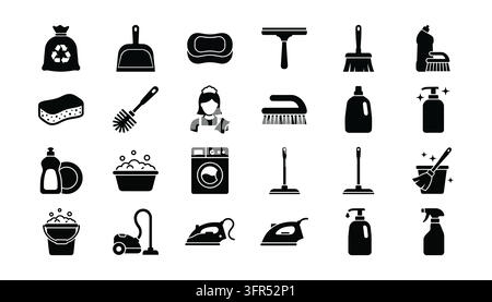Ensemble de fournitures de nettoyage et d'icônes de travaux ménagers avec éponge, seau et balai Illustration de Vecteur