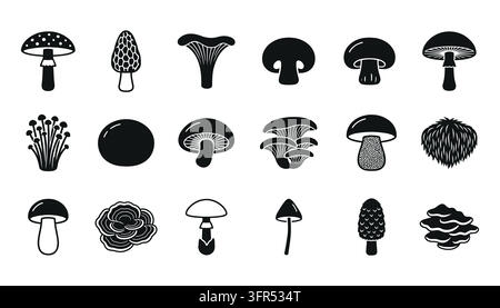 Collection de divers champignons comestibles et sauvages en style silhouette Illustration de Vecteur