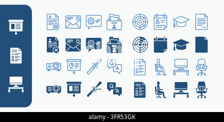 Icônes plates pour l'éducation et la formation professionnelle en bleu et blanc avec projecteur Illustration de Vecteur