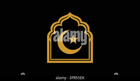 Symbole islamique de croissant de lune et d'étoile encadré dans une décoration traditionnelle Illustration de Vecteur