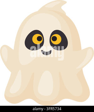 Mignonne illustration vectorielle d'un fantôme blanc pour Halloween dans un style tendance dessiné à la main. Personnage fantôme effrayant et amical souriant avec de grands yeux jaunes, parfait pour Illustration de Vecteur
