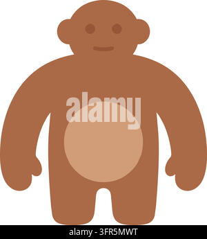 Illustration plate d'un personnage rond brun ressemblant à un singe avec un ventre circulaire beige, de longs bras, de petites oreilles et un visage souriant simple Illustration de Vecteur