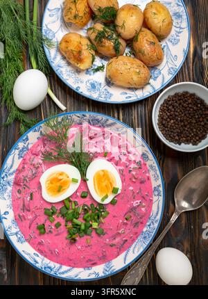 Soupe froide (borscht), soupe d’été aux betteraves rouges avec concombre frais, oignon vert et œuf dur, servie avec des pommes de terre rôties. Cuisine européenne traditionnelle, d Banque D'Images