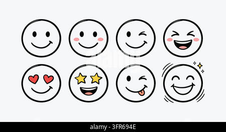 Ensemble d'émoticônes mignons avec diverses expressions faciales et émotions Illustration de Vecteur