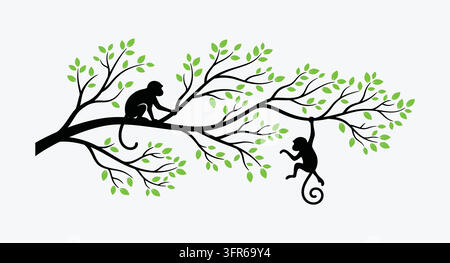 Illustration monochrome de singes espiègles grimpant sur une branche feuillue d'arbre Illustration de Vecteur