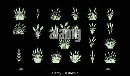 Ensemble de silhouettes de diverses herbes sauvages et plantes céréalières de style monochrome Illustration de Vecteur