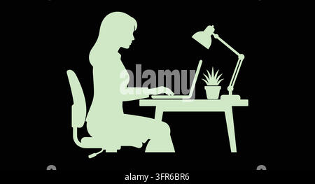 Femme assise à un bureau travaillant sur un ordinateur portable avec lampe Illustration de Vecteur