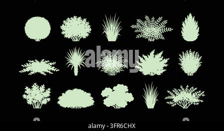 Ensemble de diverses silhouettes de buissons, arbres et arbustes verts avec collection Illustration de Vecteur