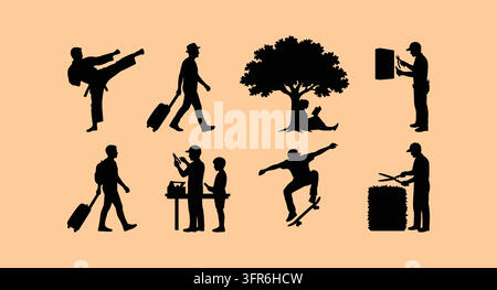 Icônes en silhouette noire de personnes pratiquant divers styles de vie et loisirs Illustration de Vecteur