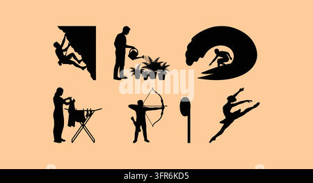 Silhouettes noires de personnes pratiquant divers loisirs et activités de plein air Illustration de Vecteur