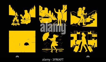 Collection de silhouettes jaunes pour activités de plein air et voyages avec silhouette Illustration de Vecteur
