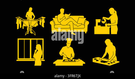 Ensemble de silhouettes d'activités quotidiennes et domestiques jaunes sur fond noir Illustration de Vecteur