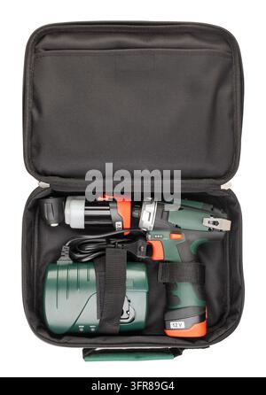 Kit perceuse sans fil chemin isolé sur blanc Banque D'Images