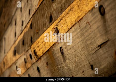 Extrême gros plan de planches de coque de navire en bois avec des chevilles en bois et une couture peinte en jaune, Gujarat, Mandvi, Inde Banque D'Images