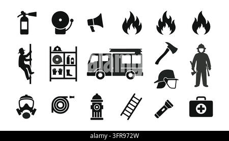 Ensemble d'icônes de pompiers avec équipement de camion et outils d'urgence Illustration de Vecteur