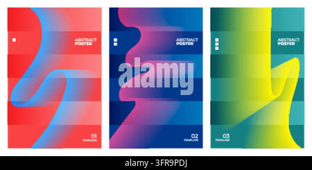 Ensemble de trois modèles d'affiches abstraites modernes mettant en avant des dégradés de couleurs vibrants, des fonds rayés horizontaux et des formes de rubans fluides et lisses wit Illustration de Vecteur