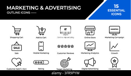 Ensemble de quinze icônes vectorielles minimalistes pour le marketing et la publicité, comprenant des symboles pour panier d'achat, boutique en ligne, campagne, vente, analyse, gr Illustration de Vecteur