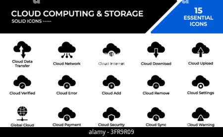 Quinze icônes vectorielles solides minimalistes noirs pour le cloud computing et le stockage sur fond blanc, comprenant des symboles pour le transfert de données, le réseau, Inter Illustration de Vecteur